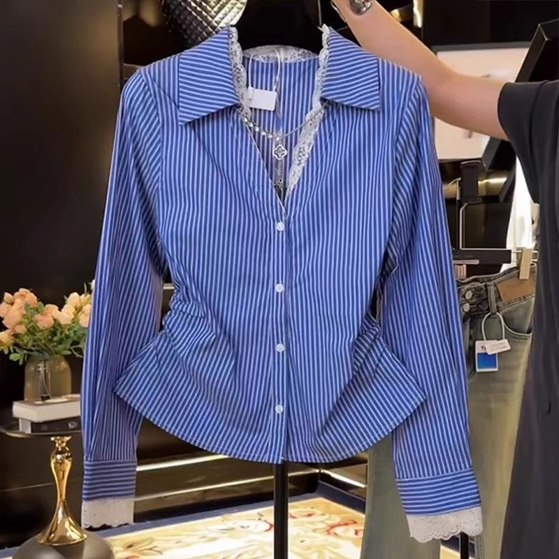 Polo Shirt Slim - Elegante renda retalhos plissado blusa fina