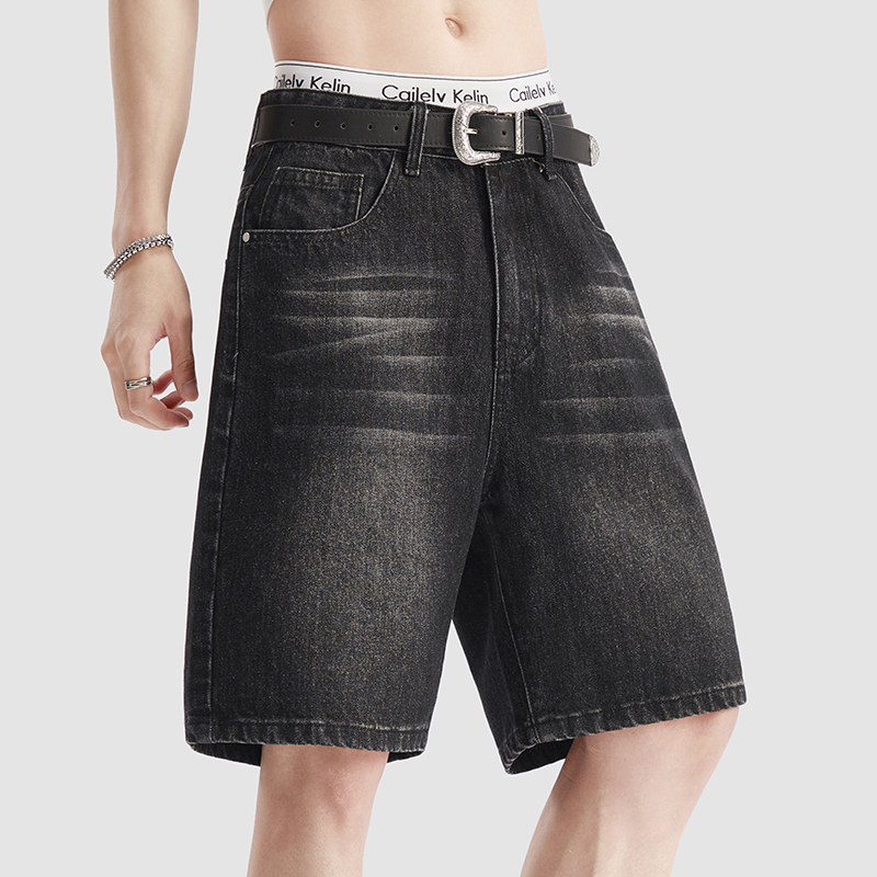 Jeans Pants Fashion Men - Shorts de Denim Preto Fino para