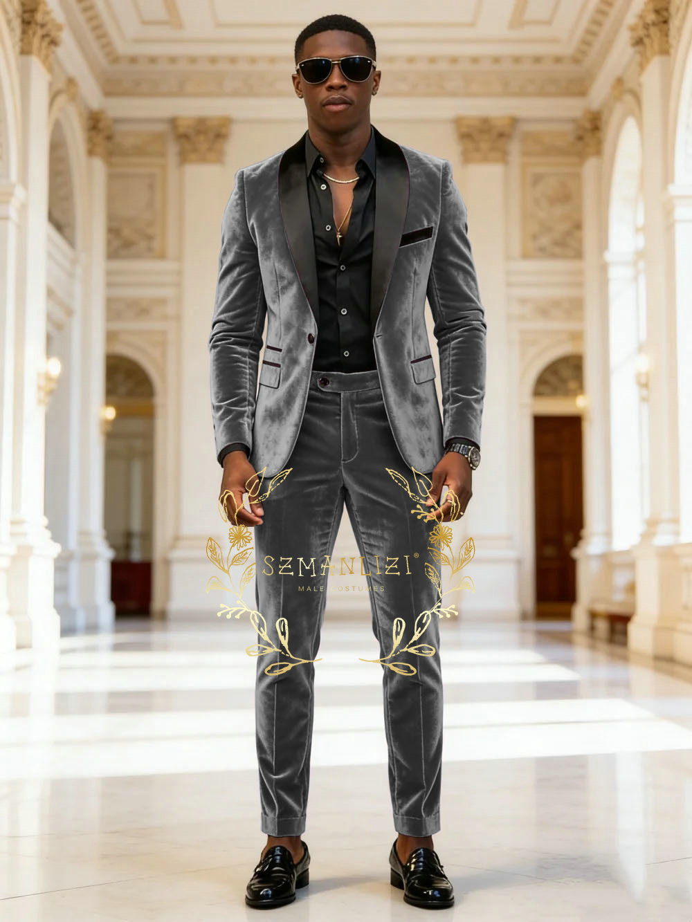 Mens Fashion Dark Grey Pants - Conjunto de Ternos Masculinos em Veludo