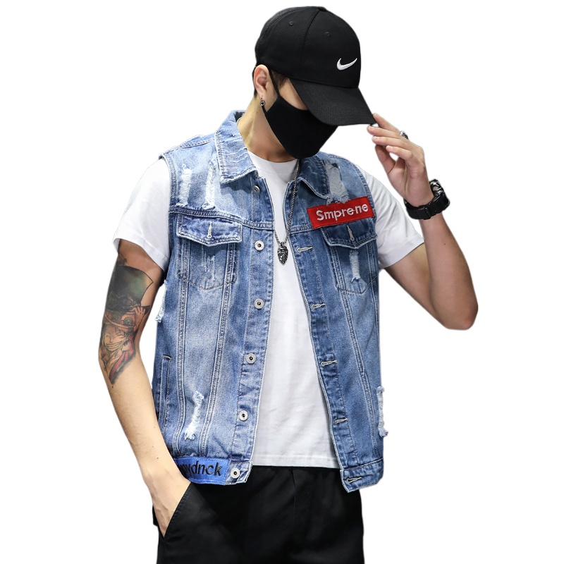 Nova moda masculina azul denim - Men'S Fashion Vest With Jeans avaliação e preço